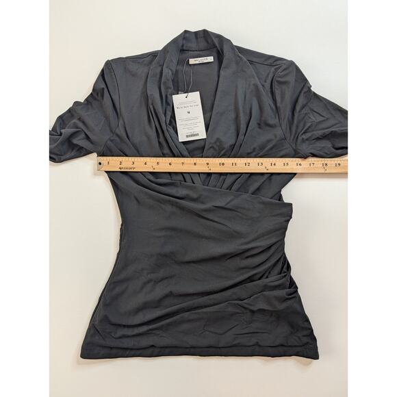 MM. LAFLEUR Large Black FEY Ruched FAUX-WRAP Stretch Knit-Jersey Pullover Top0 - Picture 7 of 9